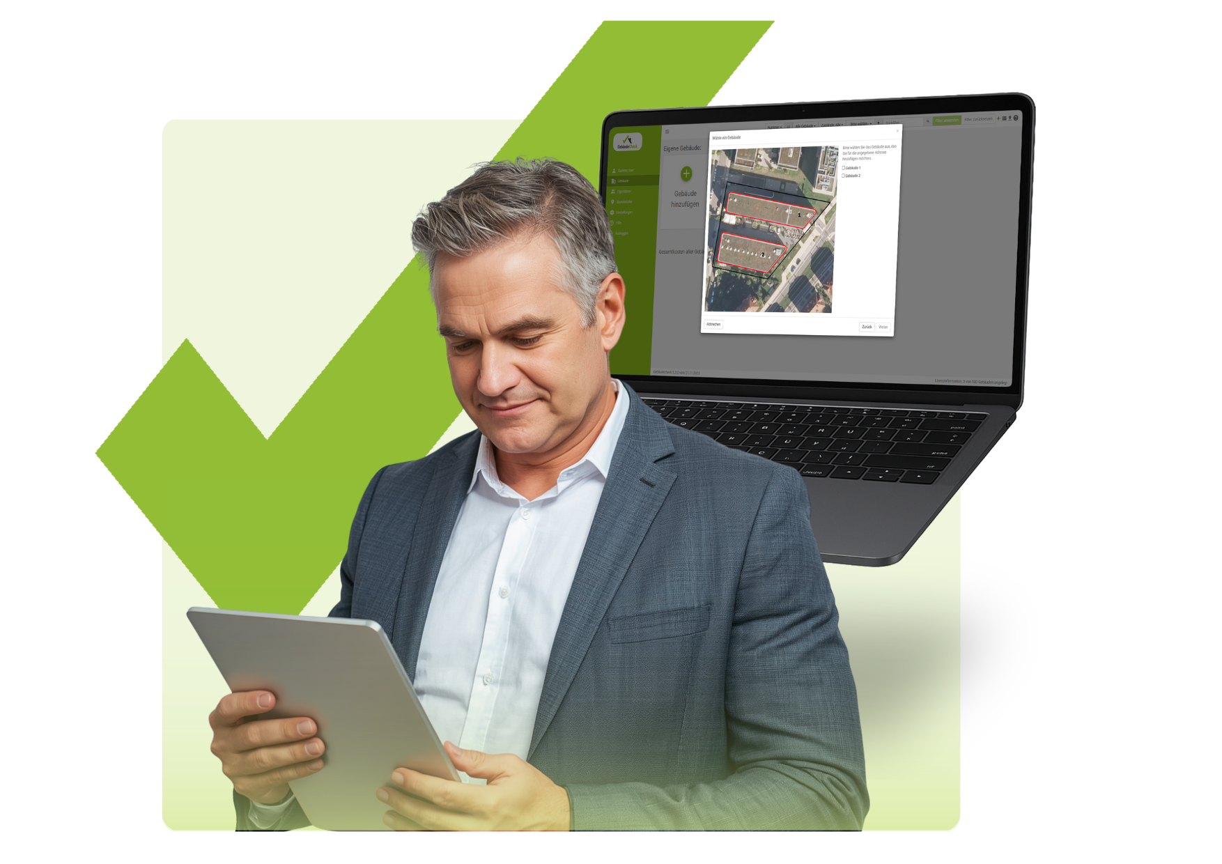 Sachverständige arbeiten bei ihrem Vor-Ort Termin mit der Software GebäudeCheck effizient, automatisch und strukturiert.